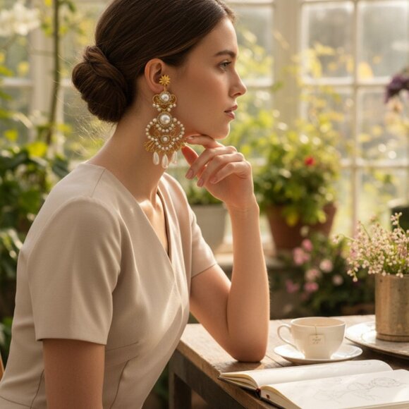 Women's Earrings Designer Elizabeth Cole Faux Pearl/Crystal Gold Plated Earrings - Picture 6 of 11